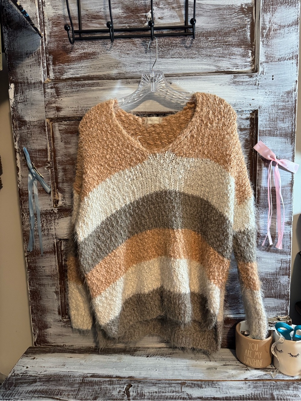 Altar'd State Striped V-Neck Sweater in Cream, Tan & Gray